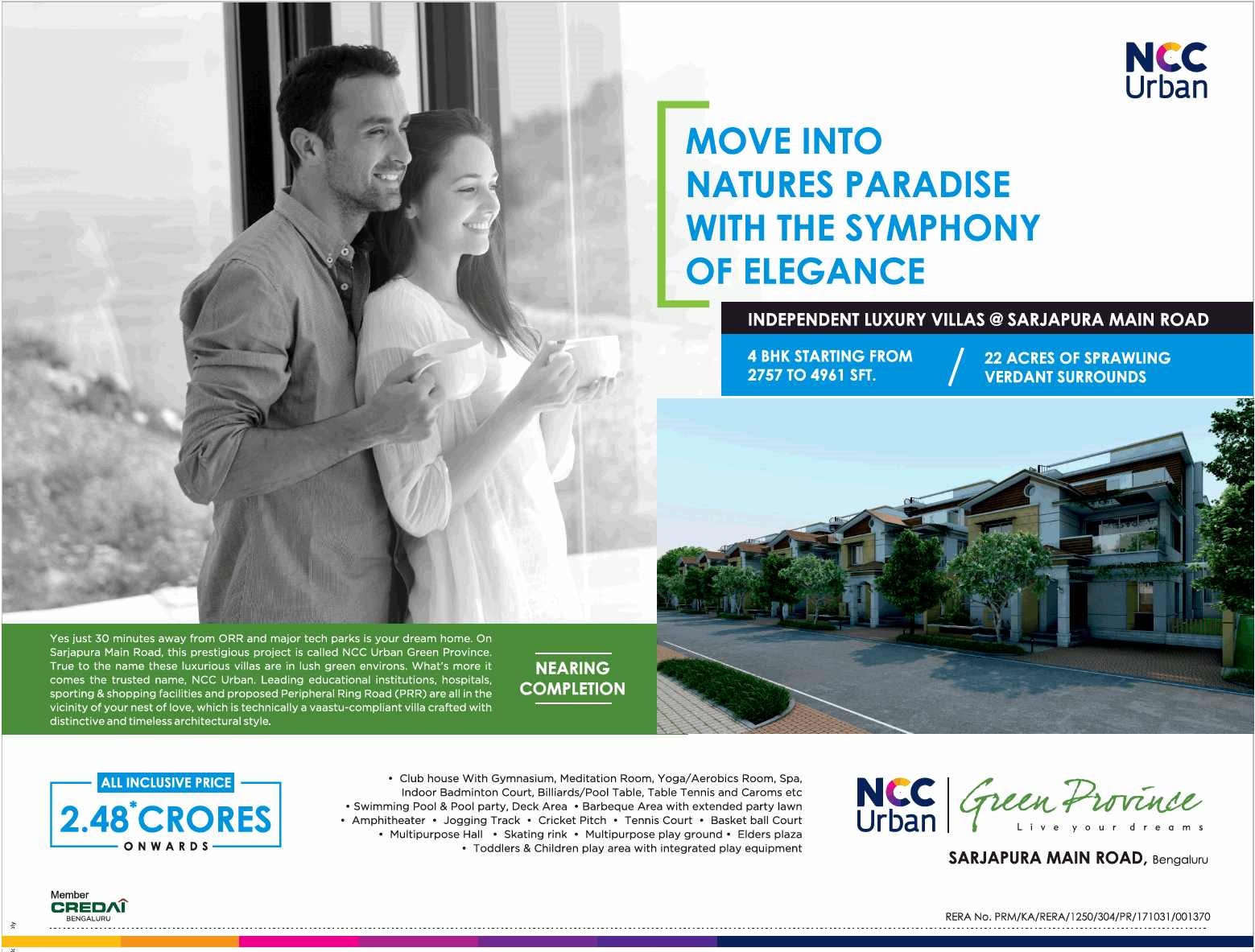Book independent luxury villas at NCC Urban Green Province in Bangalore Update
